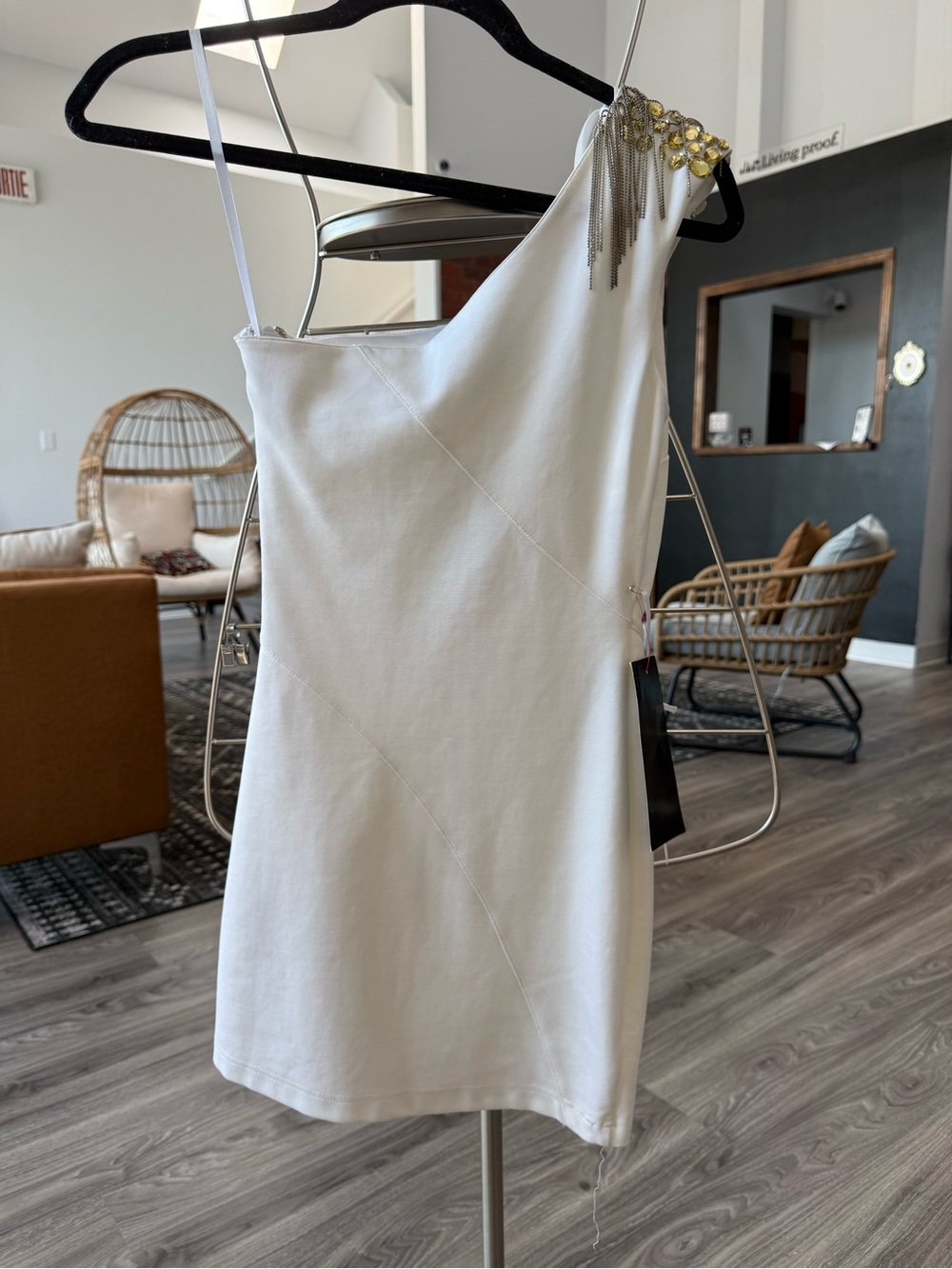 bebe White One-Shoulder Mini Dress with Embellished Shoulder